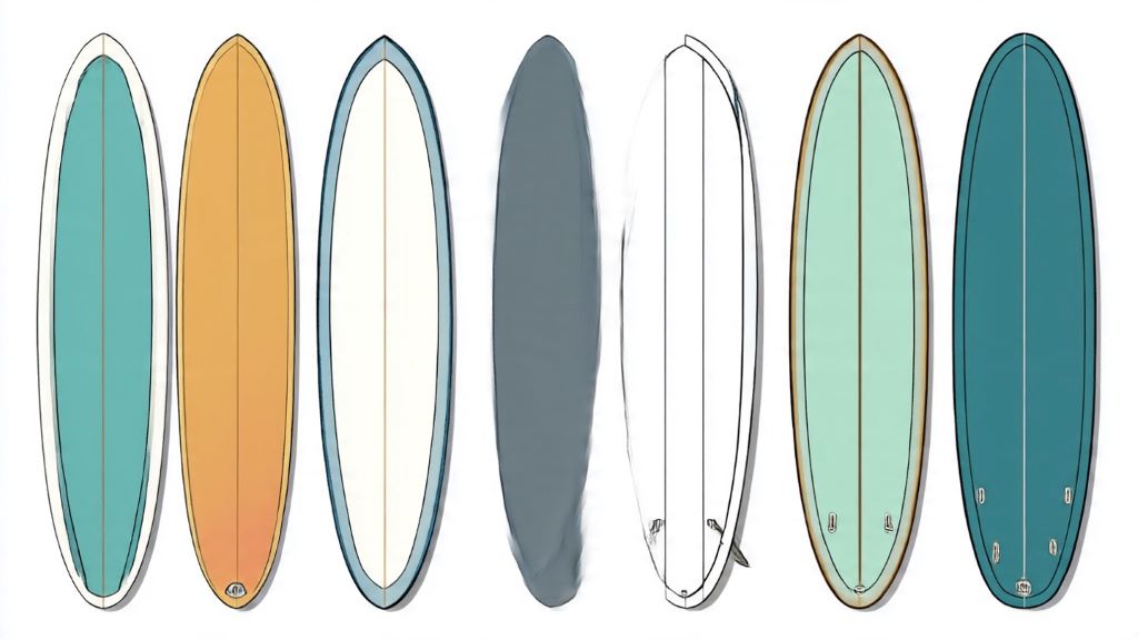 Comparison of 8ft egg surfboard and funboard designs showing rounded nose versus pointed nose outline shapes
