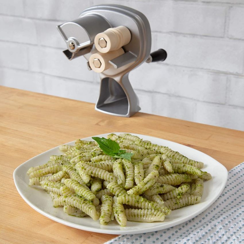 Close-up of CucinaPro Cavatelli Maker in use for pasta dough