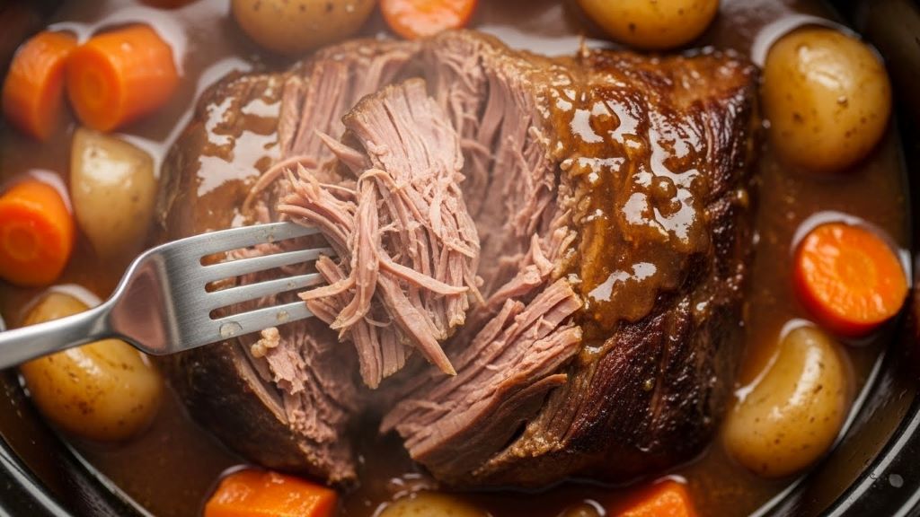 Slow cooker pot roast falling apart with fork showing soft texture for braces-friendly meals