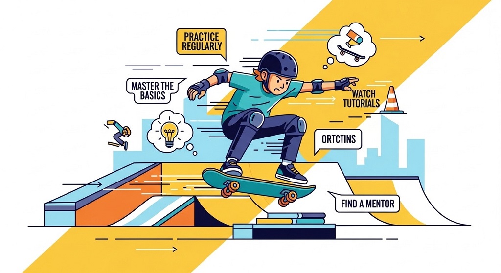 Adult learning skateboarding basics on flat ground