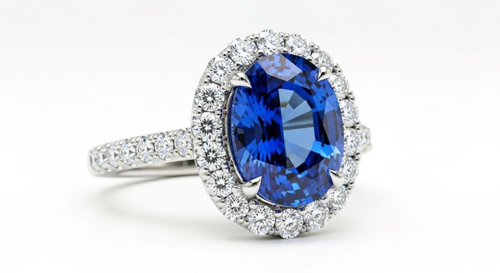 Blue sapphire engagement ring with diamond halo setting on white background showing brilliant cut center stone