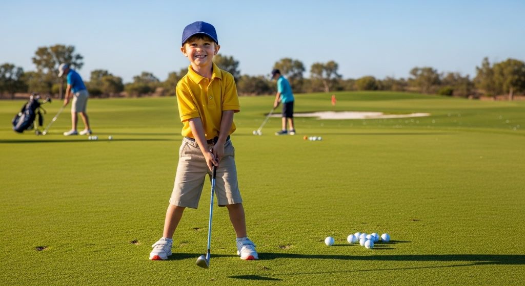 Young child holding appropriately sized junior golf club on driving range with proper stance and grip