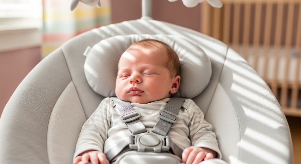 Newborn baby peacefully resting in ergonomic swing seat with five-point harness and head support for safe colic relief
