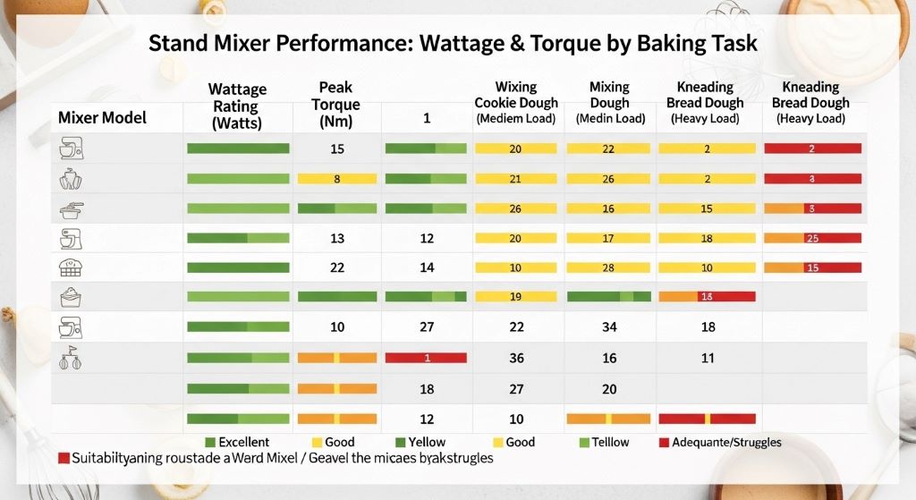 Comparison chart displaying stand mixer wattage ratings and torque specifications for different baking tasks