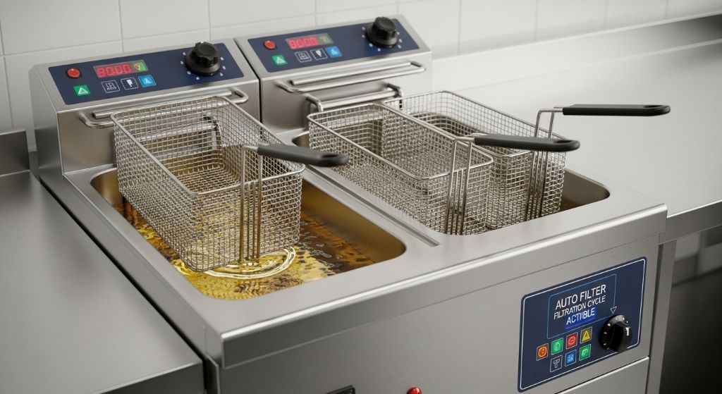 Commercial deep fryer with built-in oil filtration system showing clean filtered cooking oil and automatic filtration controls