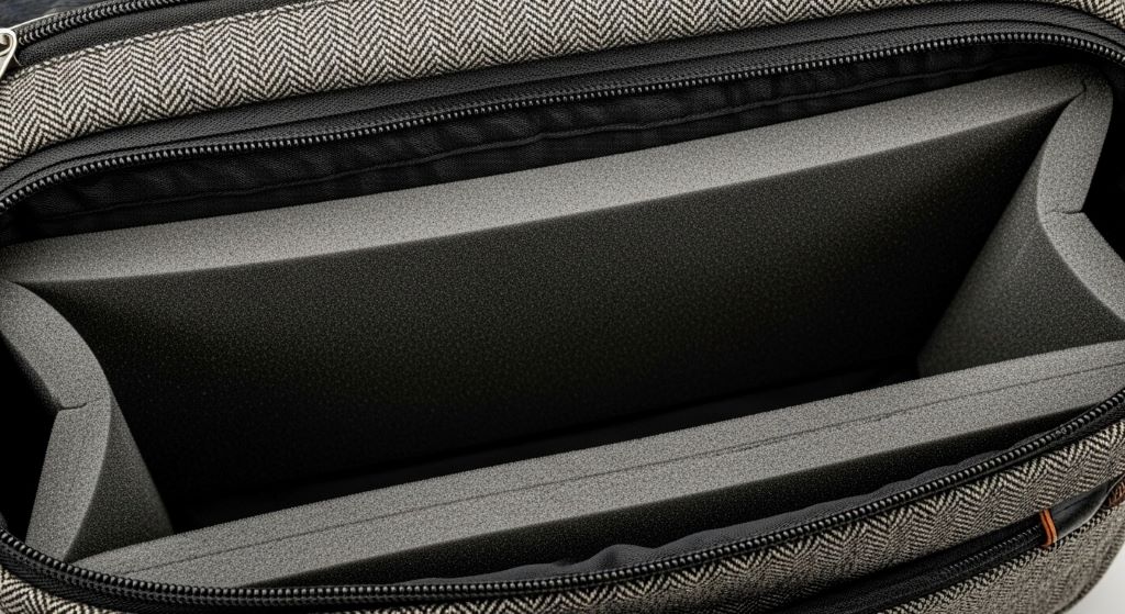 Close-up of padded laptop compartment in teacher bag demonstrating thick protective foam cushioning around all sides for device safety