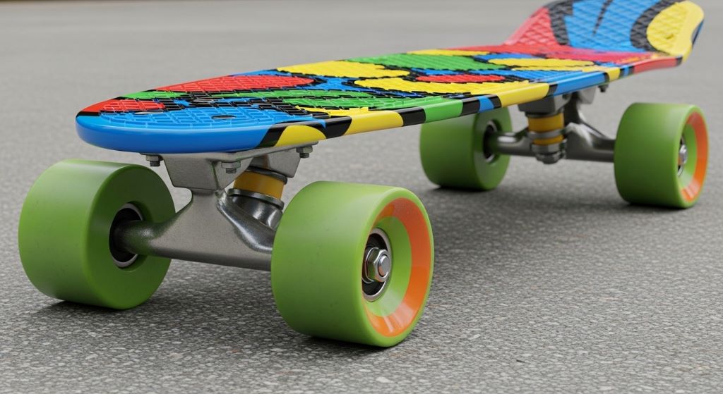 Close-up of a colorful children's skateboard showing wide deck, soft wheels, and fitted trucks for beginner safety