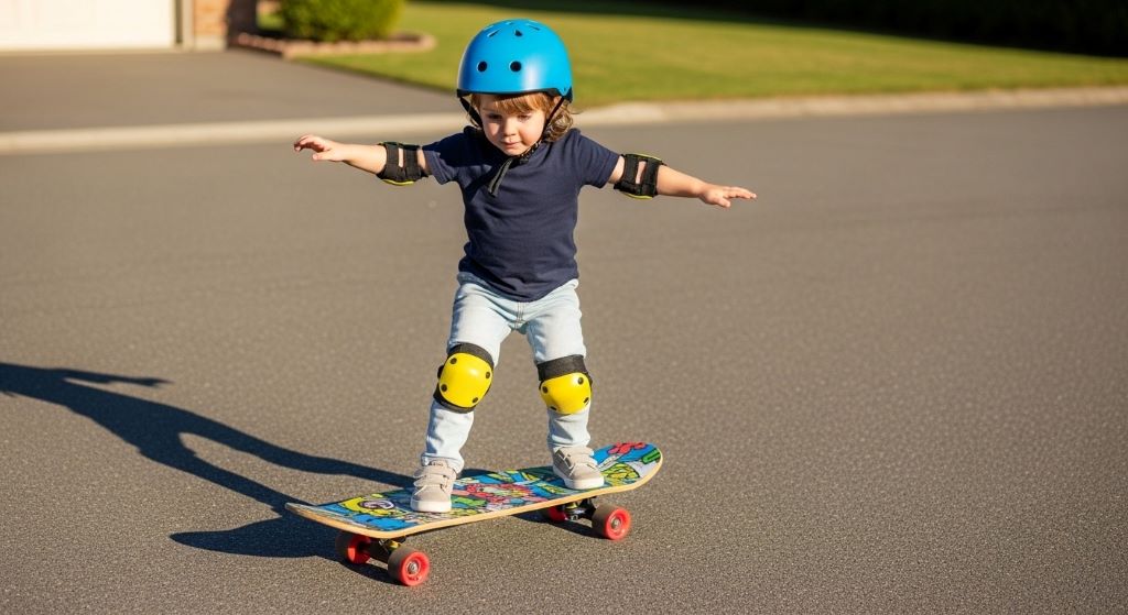 Young child wearing helmet and knee pads learning to ride a stable skateboard on a smooth driveway