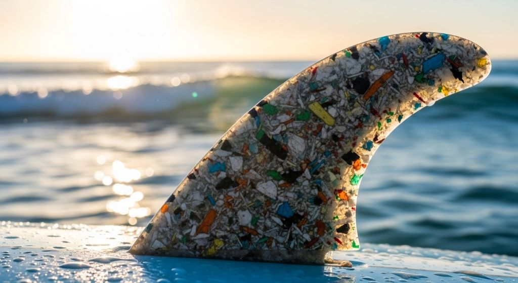 Close-up of eco-friendly surf fin showing recycled material texture and construction quality with ocean backdrop