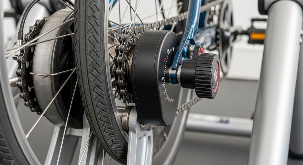 Close-up of stable bike trainer mechanism showing rear wheel mounted on resistance unit with adjustment knob