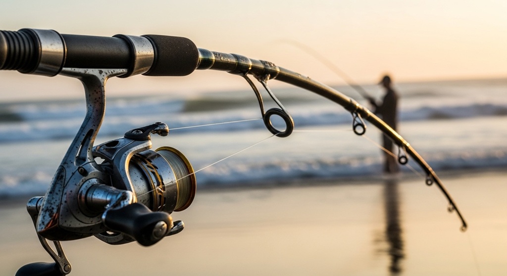 Affordable long cast surf fishing rod setup on beach sand