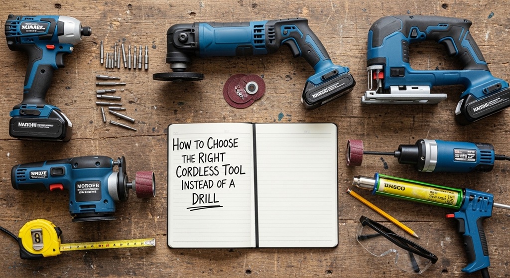 DIY toolkit with cordless drill impact driver and oscillating multi-tool