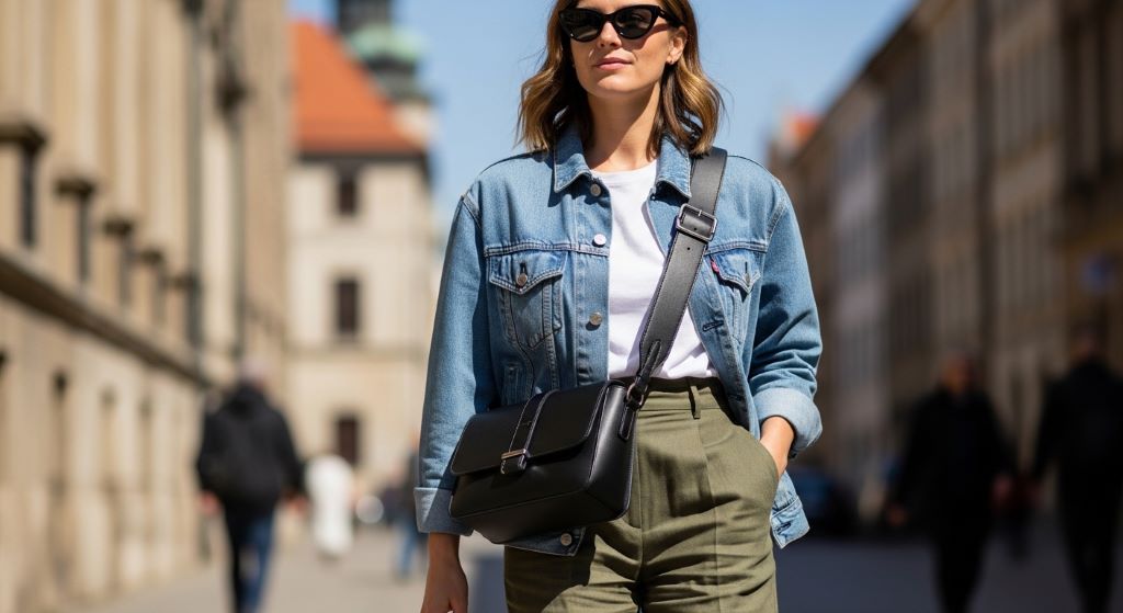 Woman wearing a structured black crossbody bag with a casual chic outfit