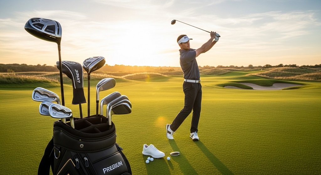 Smart golf watch displaying GPS distance on golf course fairway