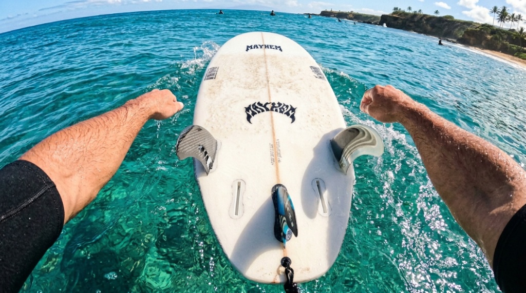 Surfer's POV of a high-performance surfboard and fins paddling into clear blue ocean water.