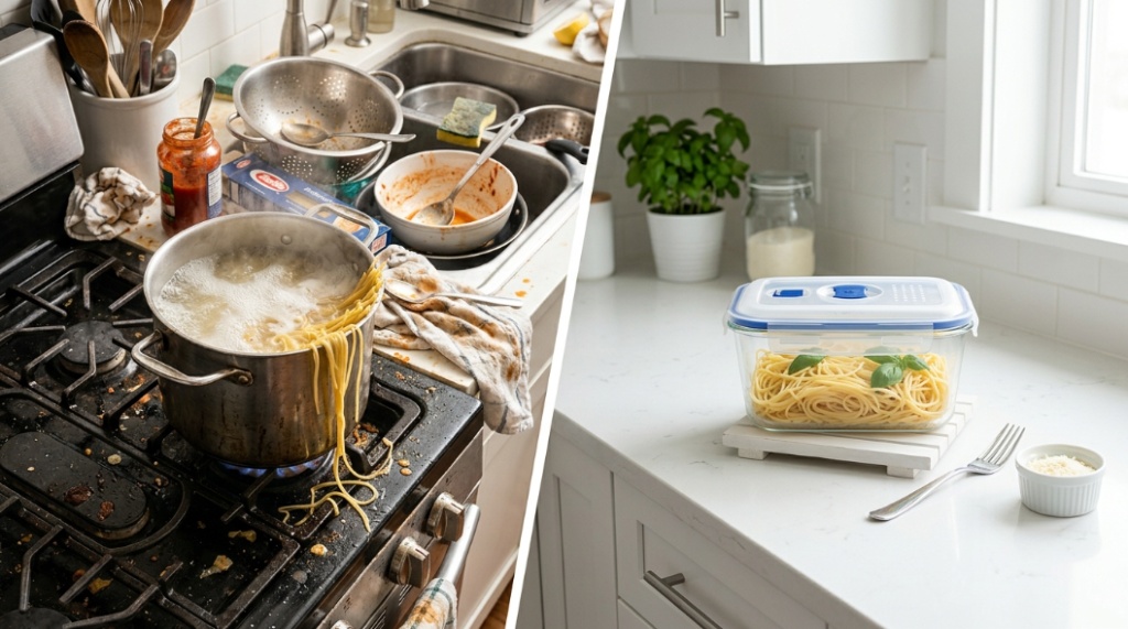 Messy stovetop with a boiling pot contrasted next to a clean microwave pasta cooker.