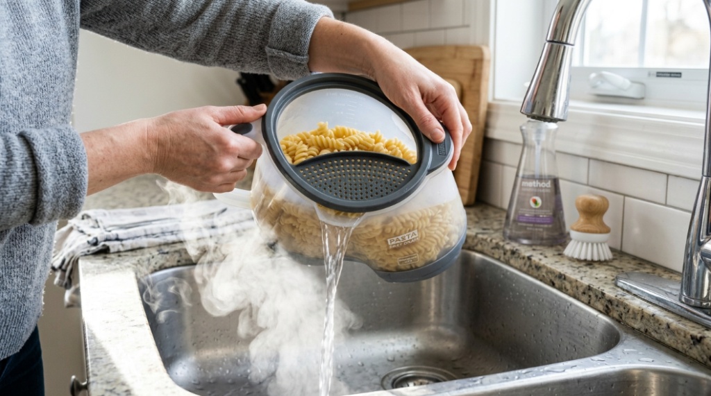 Person draining hot water from a microwave pasta cooker into a kitchen sink.