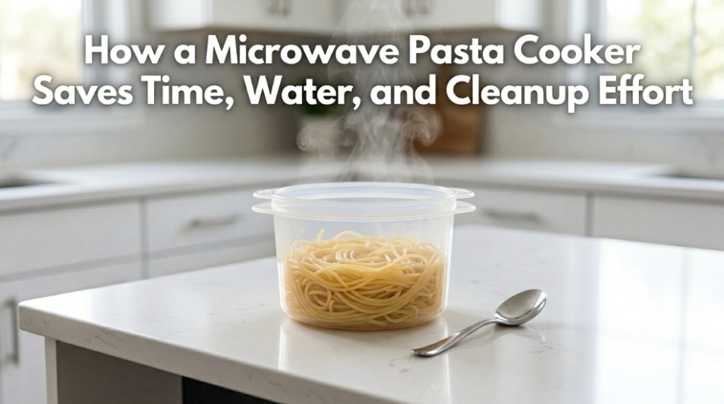 Microwave pasta cooker filled with steaming spaghetti on a modern kitchen counter.