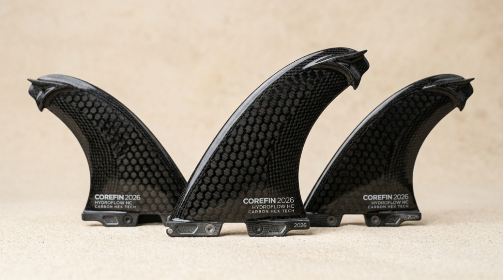 Close-up of carbon-fiber 2026 surfboard fins showing advanced hexagonal weave and hydro-dynamic edges.