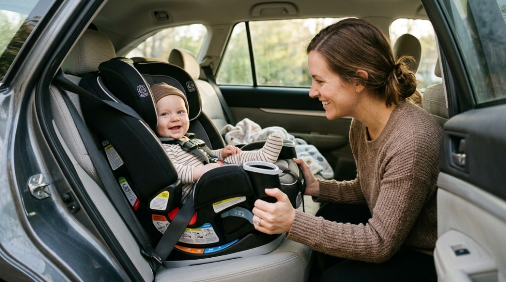  Close up of hands clipping a car seat strap into a vehicle lower anchor.