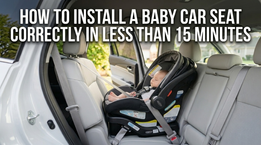 A rear-facing baby car seat securely installed in the back seat of a modern SUV.