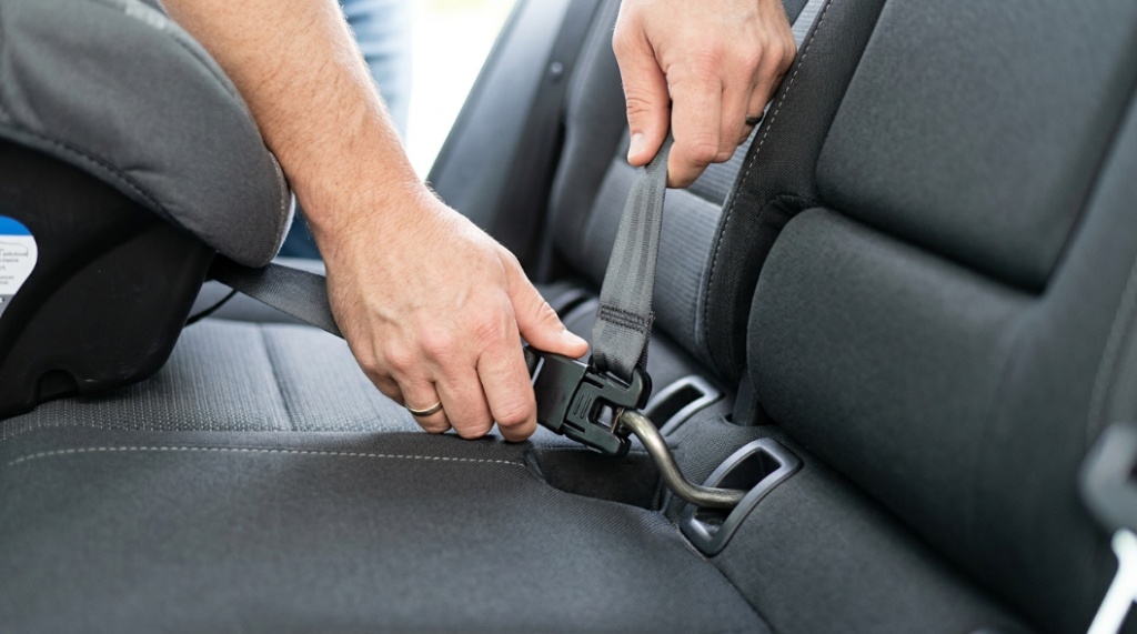 A parent testing the stability of a correctly installed baby car seat.