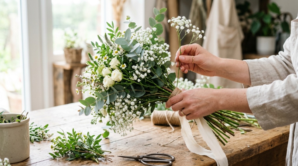 Hands arranging a simple and affordable greenery wedding bouquet on a wooden table.