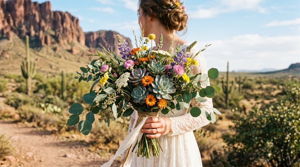 A rustic bouquet of desert wildflowers and succulents held outdoors in Arizona.