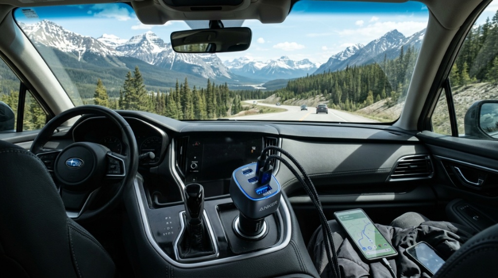 Smartphone connected to a fast-charging cable inside a vehicle.