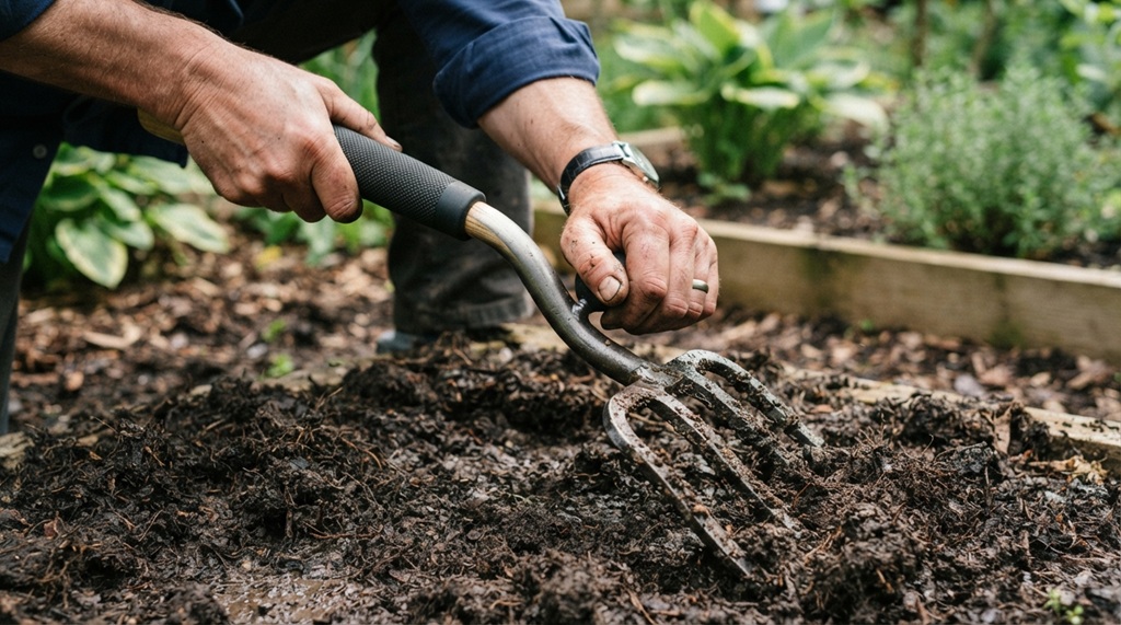Close up of hands gripping a curved ergonomic garden fork in damp soil.