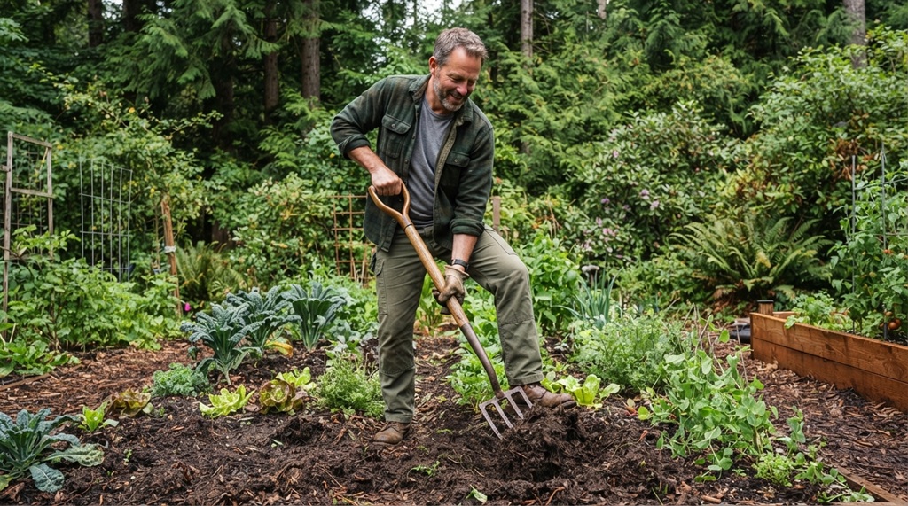 A male gardener holding an ergonomic garden fork in a lush Washington garden.