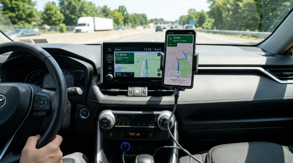 Multi-port USB car charger plugged into a vehicle dashboard.