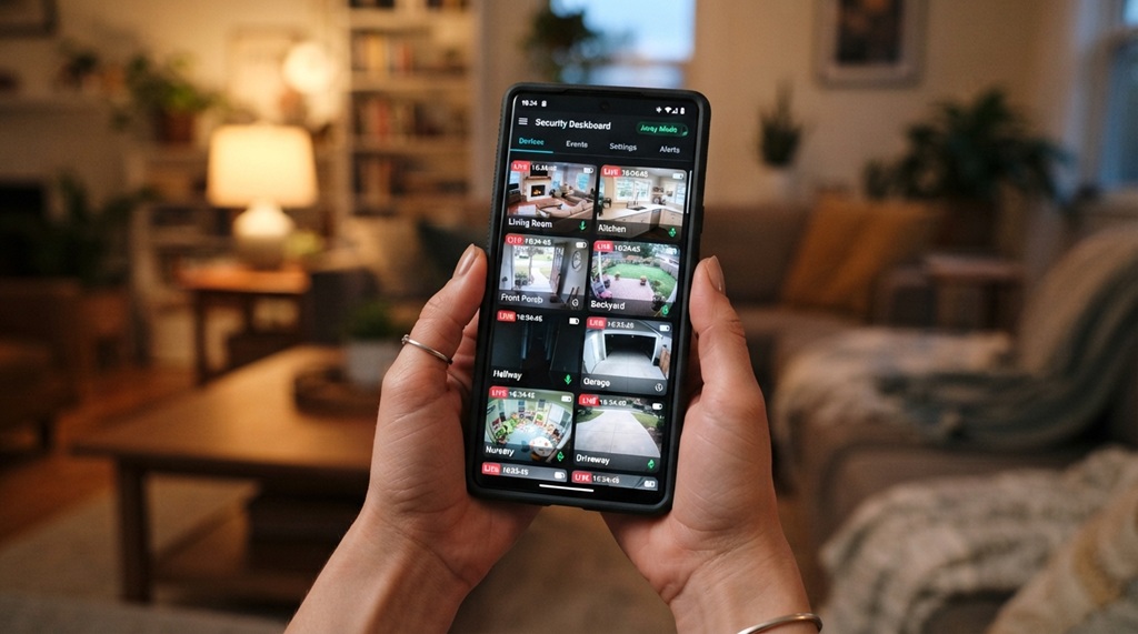 Person holding a smartphone displaying live feeds from home security cameras.