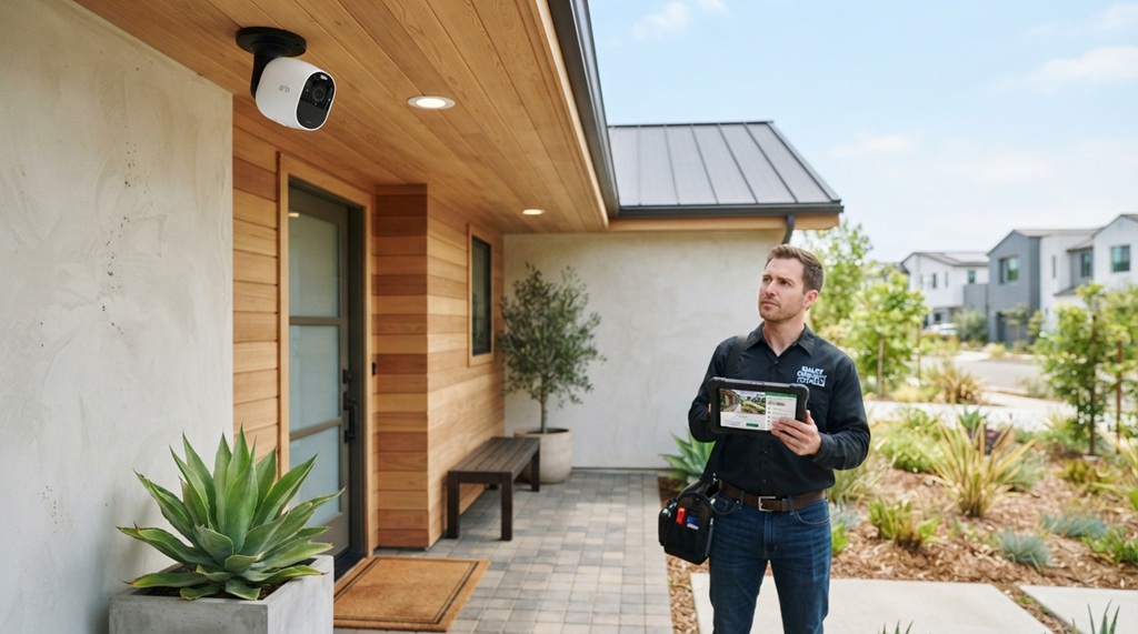 Male technician mounting a modern smart security camera on a sunny home porch.