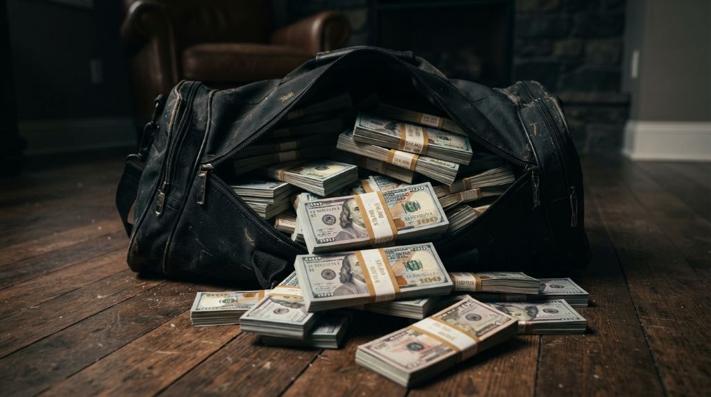 Duffel bag filled with stacks of banknotes