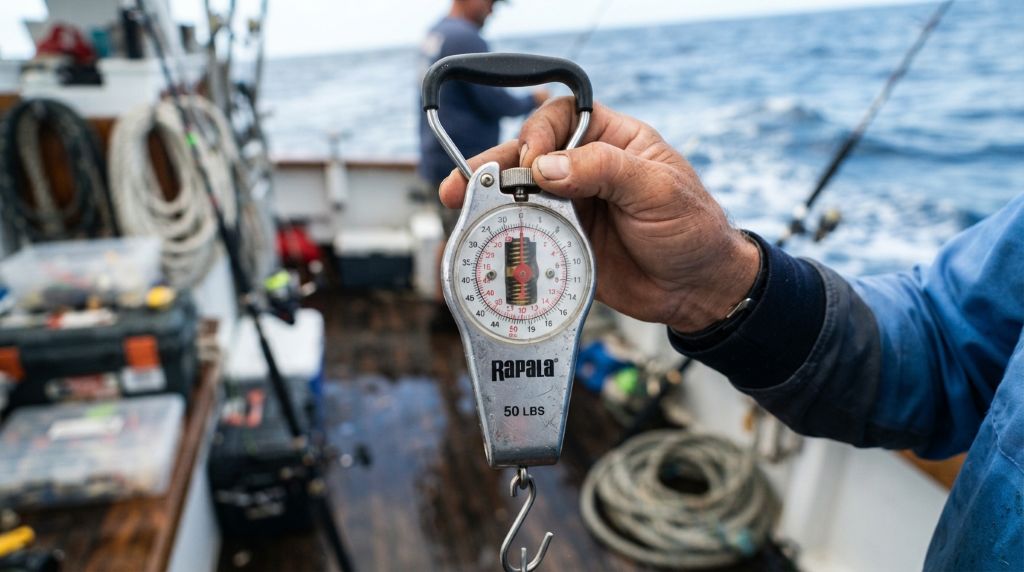 Inspecting a fishing scale for accurate catch weight