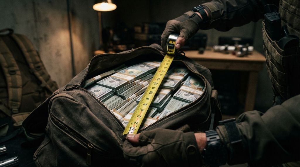 Measuring how much cash fits inside a duffel bag