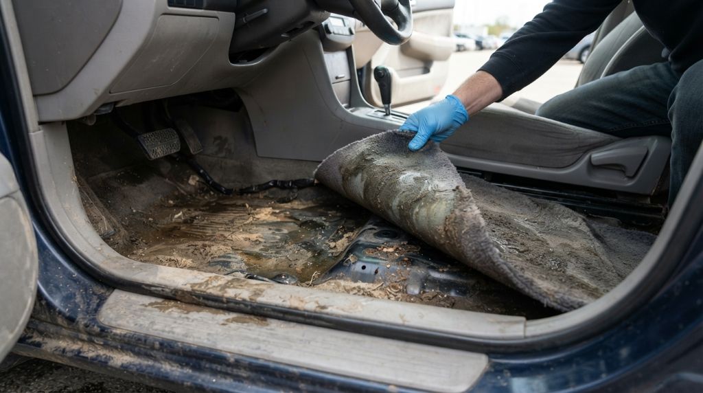 Inspecting a used car for signs of flood damage