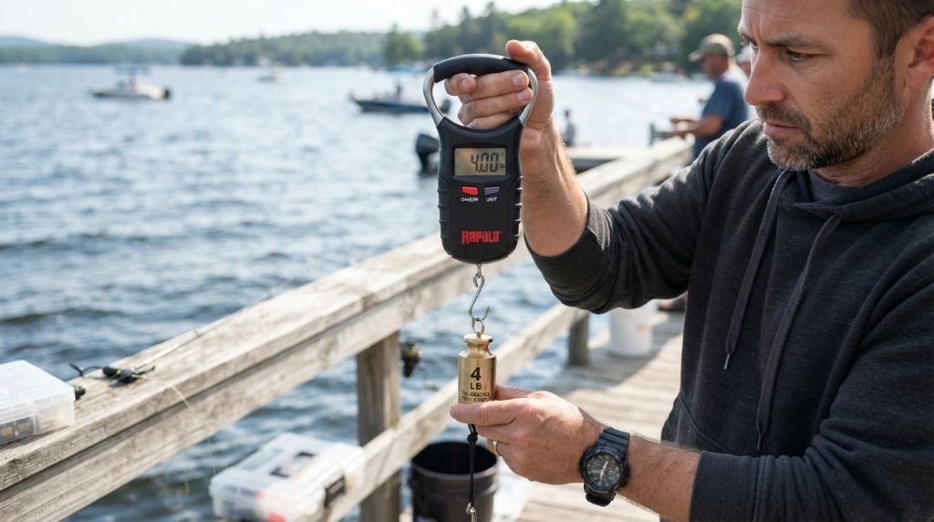 Testing a fishing scale before weighing fish