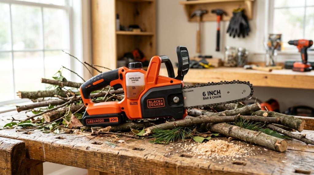 Compact mini chainsaw with auto oiler resting on a wooden workbench.
