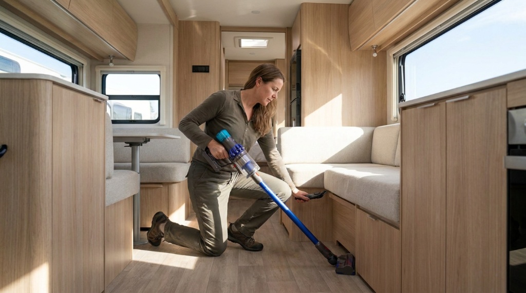 Person using a compact cordless vacuum inside a modern RV living area
