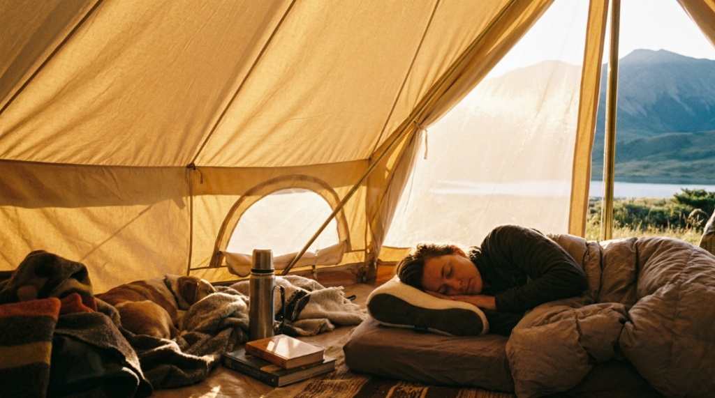 Traveler resting comfortably on memory foam camping pillow inside a tent.