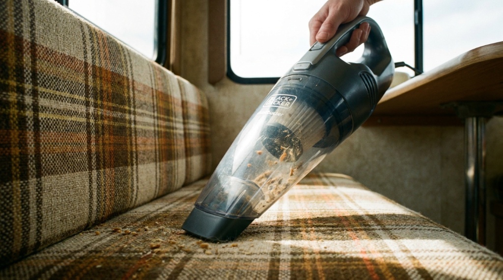 Portable handheld vacuum removing dust from fabric RV seats