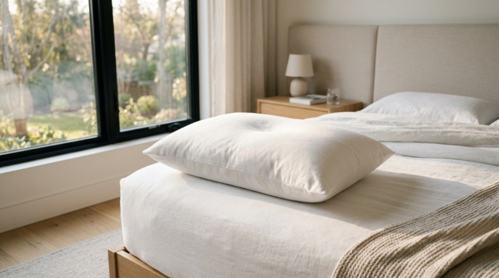 Plush white memory foam pillow on a clean bed in a modern bedroom.