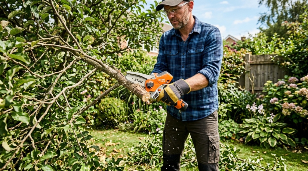 Person wearing safety gloves using a mini chainsaw to prune tree branches.
