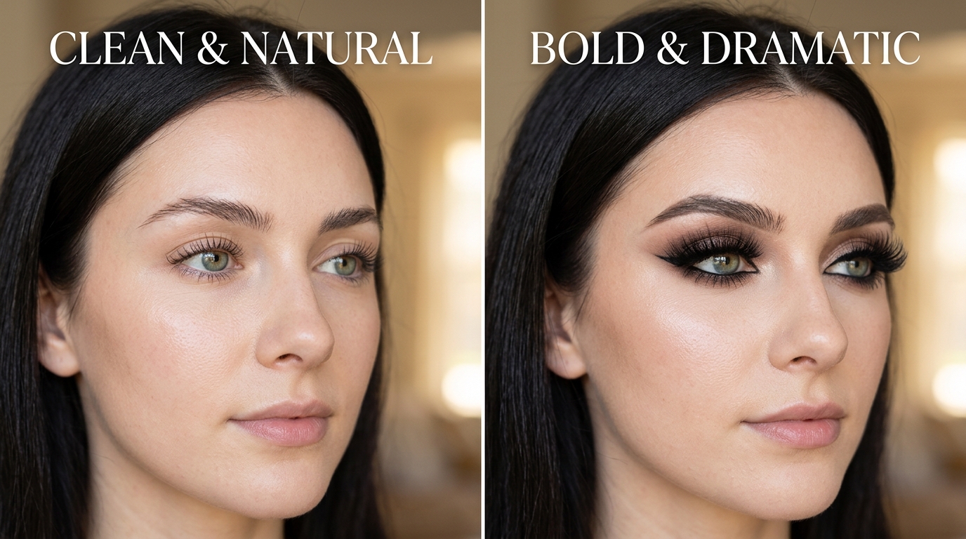 : Split view of a model wearing natural versus dramatic eye makeup
