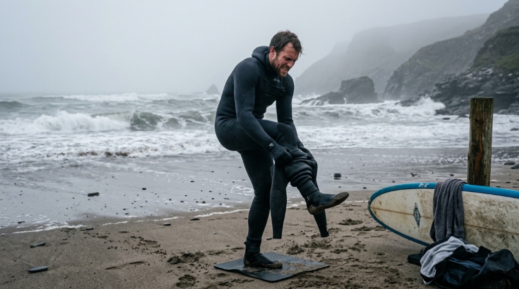 Surfer wearing a neoprene jacket in tropical water.
