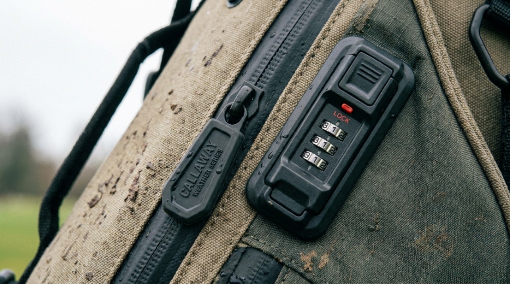 Close-up of a weather-resistant zippered compartment on a golf bag.